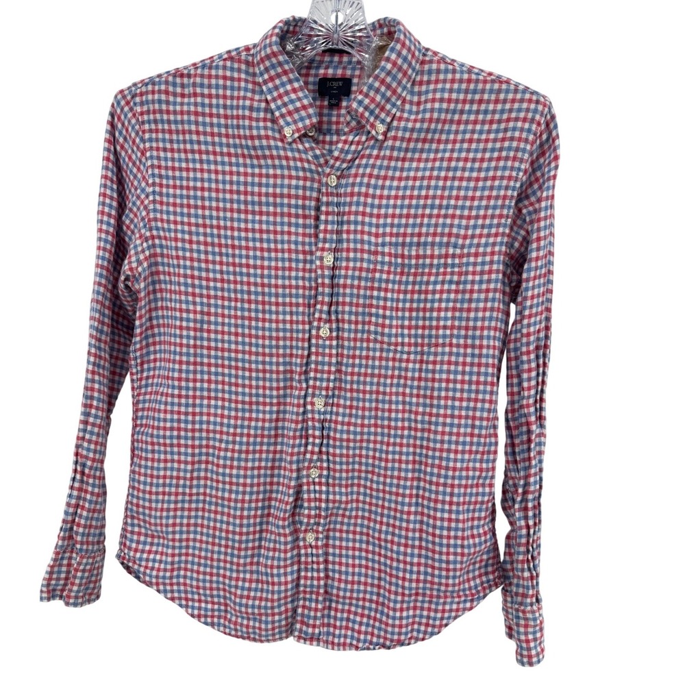 J Crew Slim Fit Linen Shirt Button Down Large Red Blue Gingham Checkered